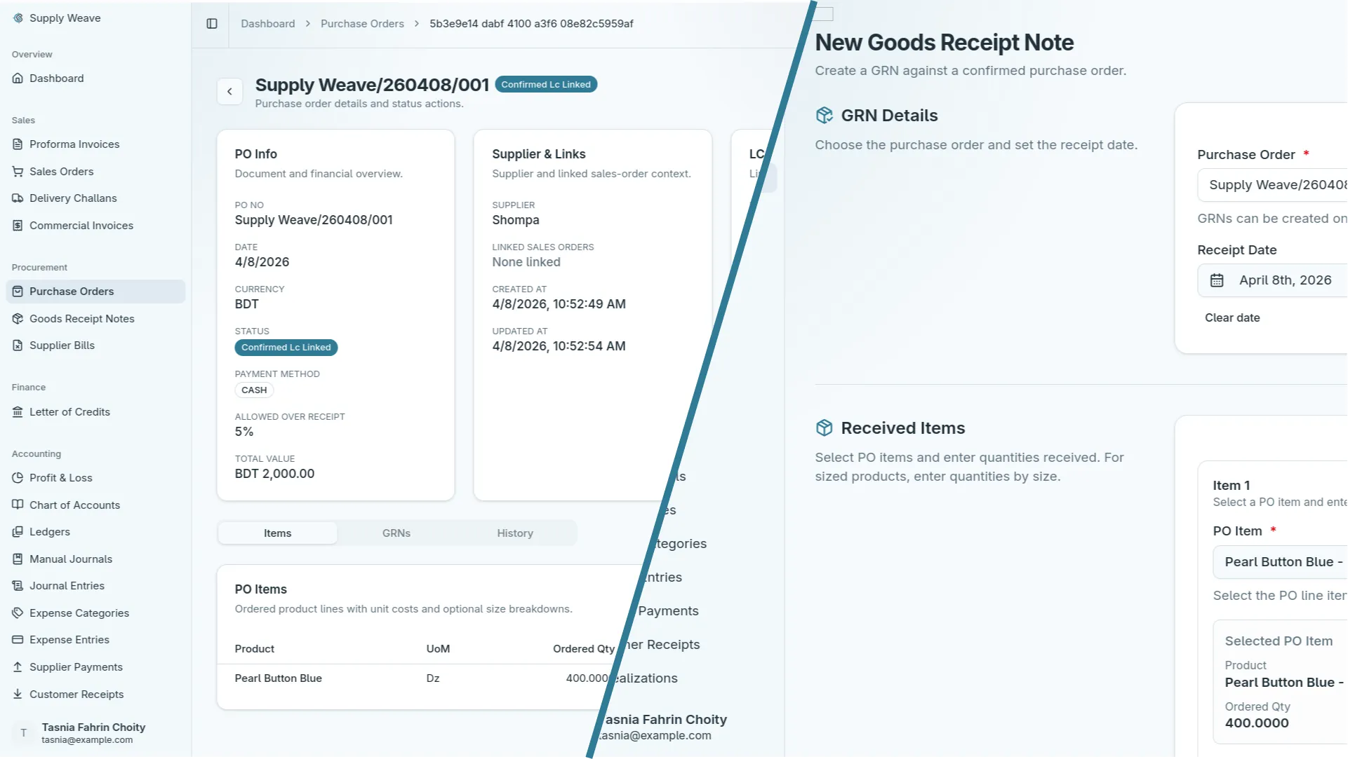 Purchase order and goods receipt note in Supply Weave